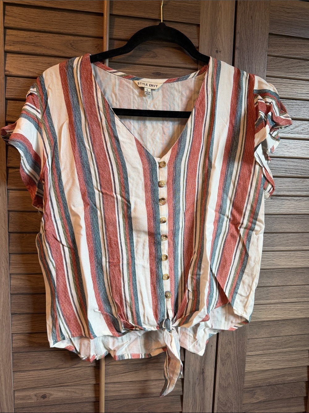 Striped Button-Tie Blouse in Rust, Blue & White
